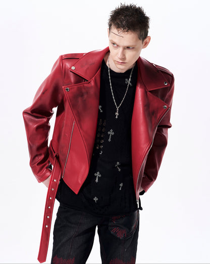 War Horse Print Damage Leather Jacket WN23278