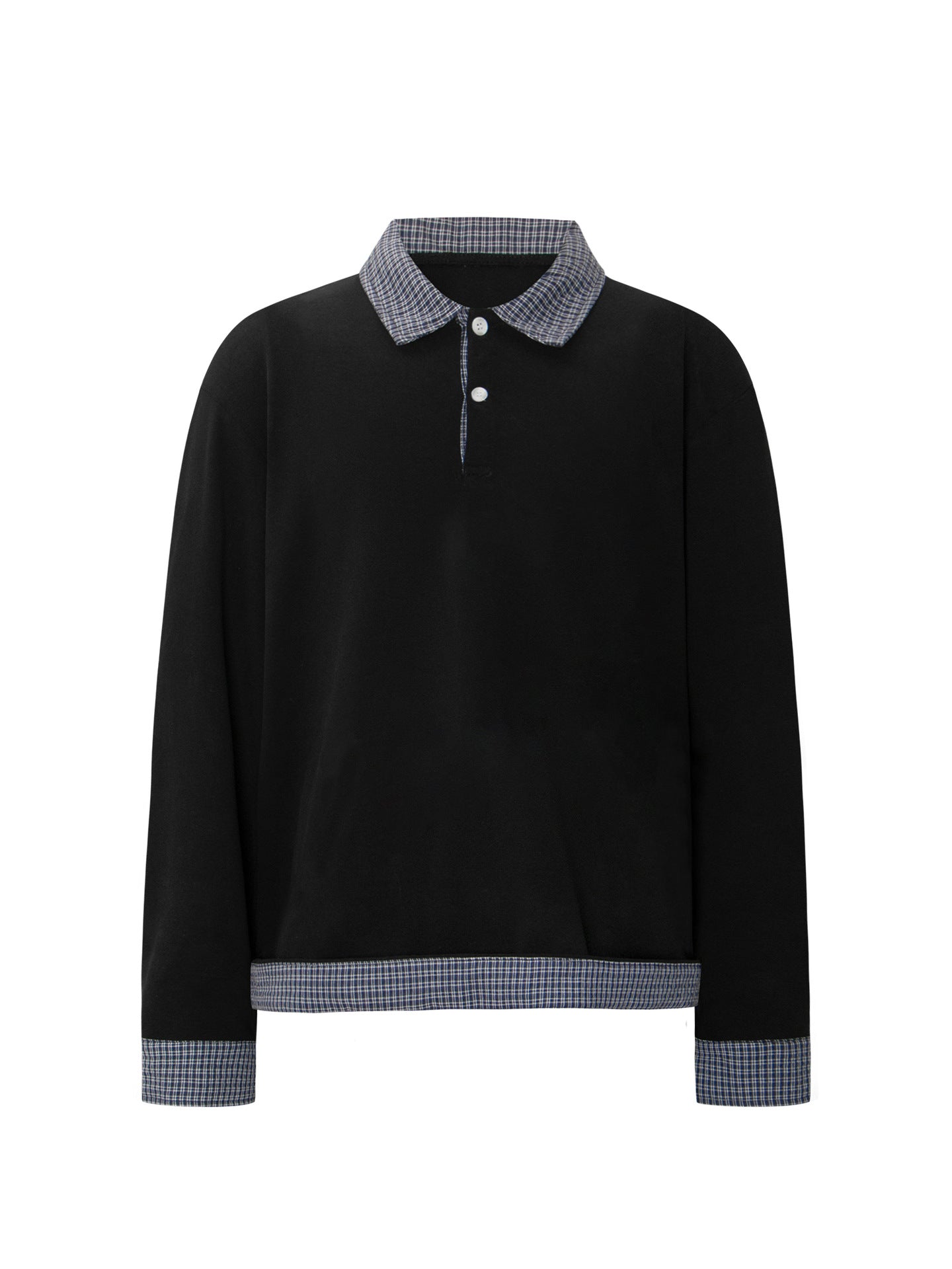 Heavyweight Plaid Fake Layered Polo-Collar Boxy Long Sleeve T-Shirt WN26323