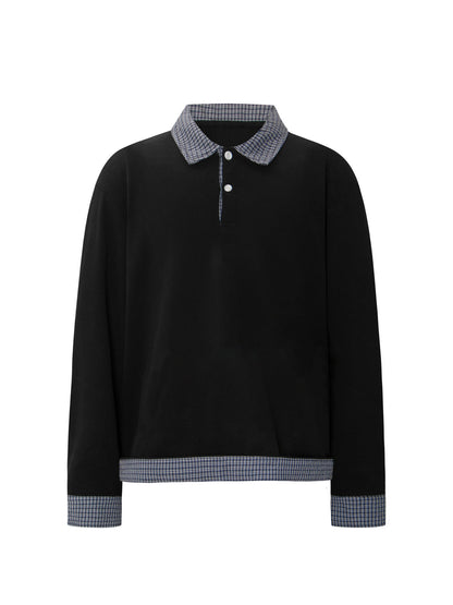 Heavyweight Plaid Fake Layered Polo-Collar Boxy Long Sleeve T-Shirt WN26323