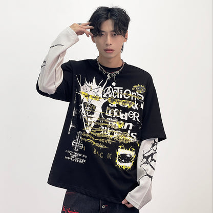Fake Layered Graphic Print Oversize Long Sleeve T-Shirt WN24285
