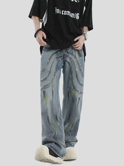 Splash Ink Pressed Wide-Leg Straight Denim Jeans WN7183