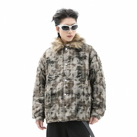 Detachable Fur Plaid Thickened Puffer Jacket WN10358