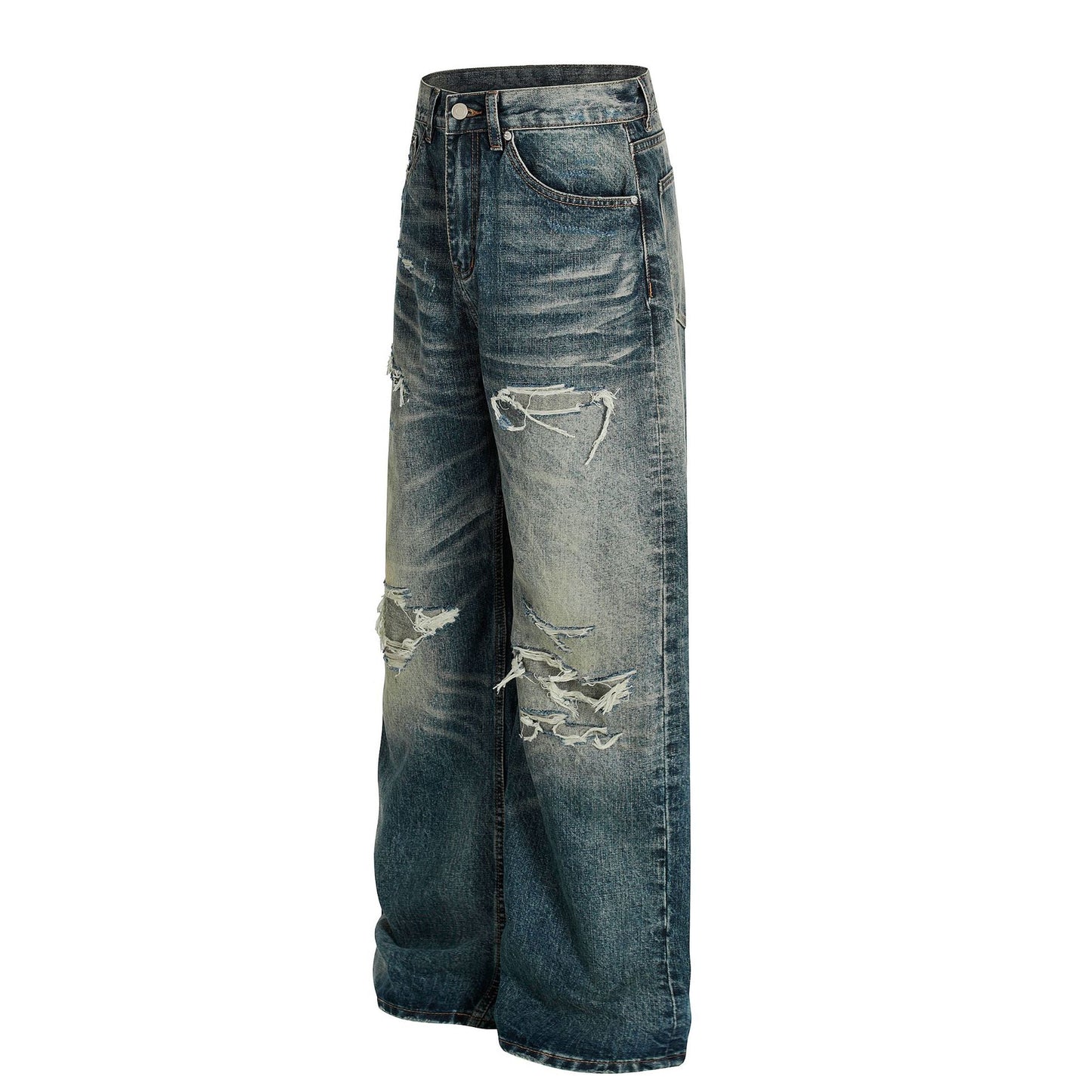 Damage Whisker Wash Straight Denim Jeans WN25951