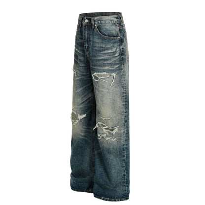 Damage Whisker Wash Straight Denim Jeans WN25951