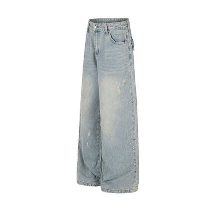 Washed Paint Studs Detail Wide Leg Denim Jeans WN25418