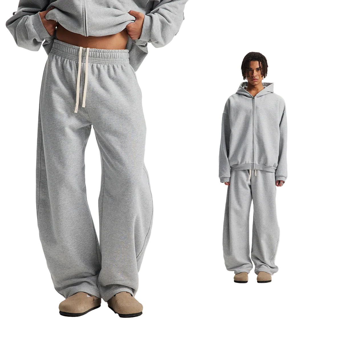Fleece Lining Side Pocket Zipper Hoodie & Fleece Lining Wide Leg Sweatpants Setup WN23114