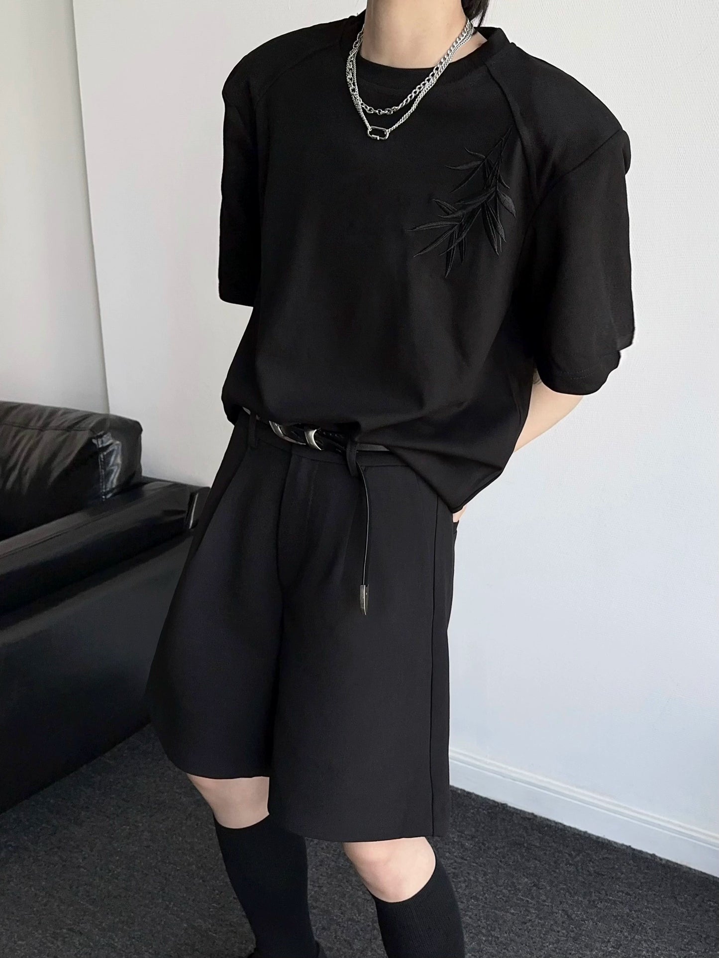 Shoulder-Pad Chinese Style Oversize Short Sleeve T-Shirt WN19348
