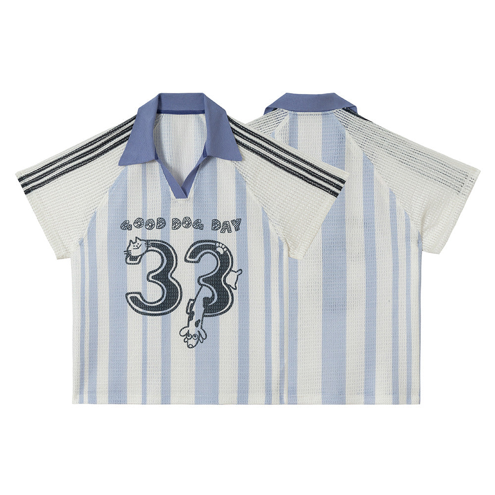 Stripe Number Print Short Sleeve Shirt WN25416