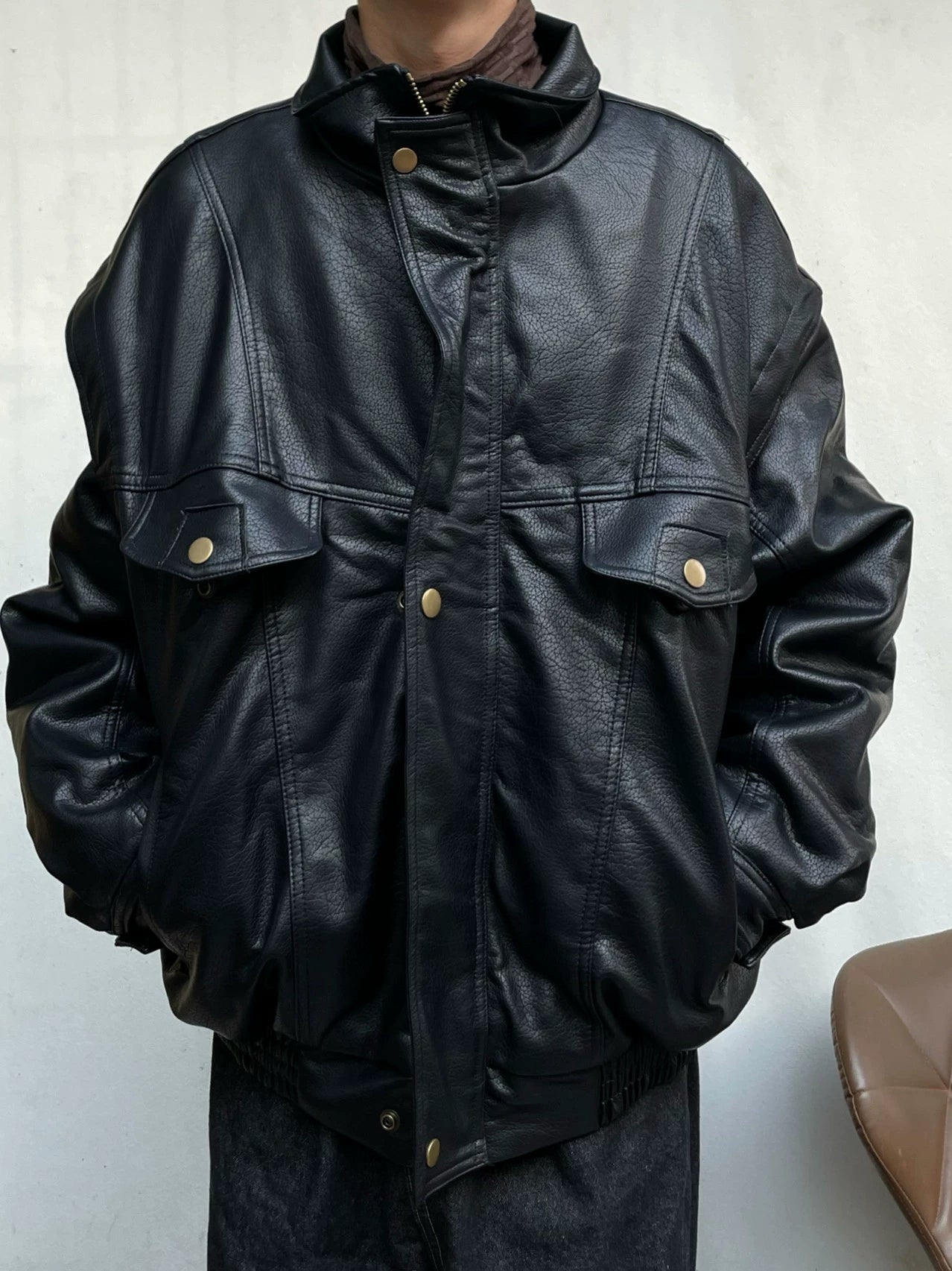 Stand Neck Oversize Thick PU Leather Short Jacket WN19991