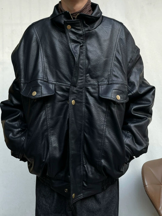 Stand Neck Oversize Thick PU Leather Short Jacket WN19991