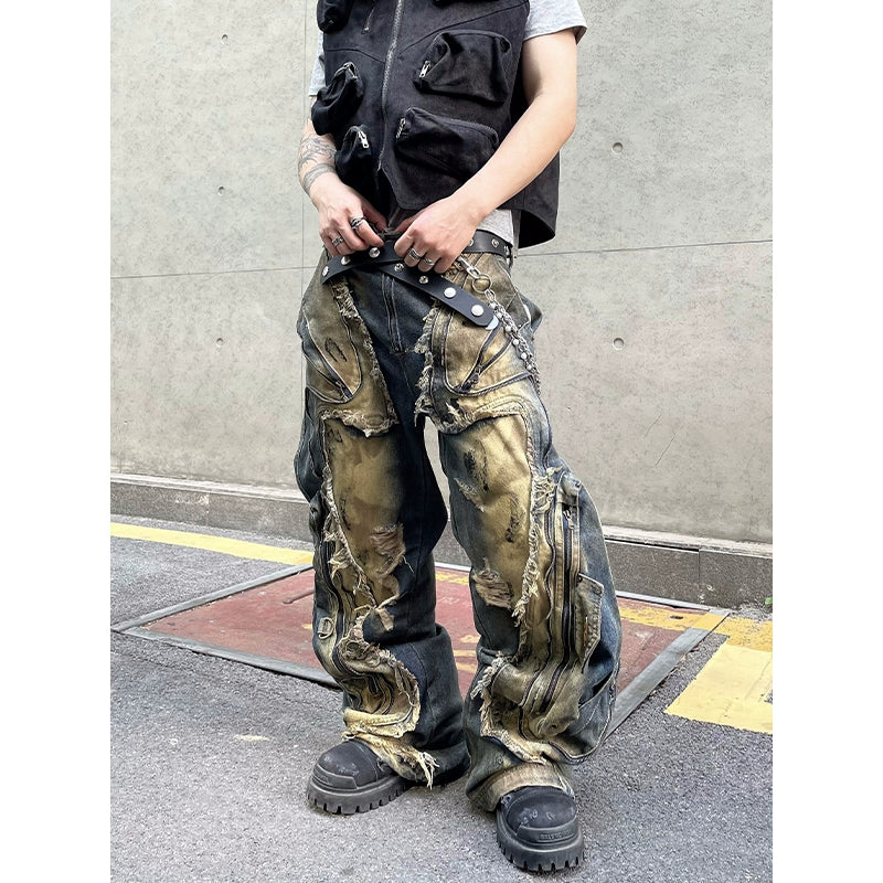 Deconstructed Stain Wide Leg Denim Jeans WN18806