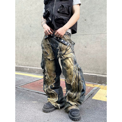 Deconstructed Stain Wide Leg Denim Jeans WN18806