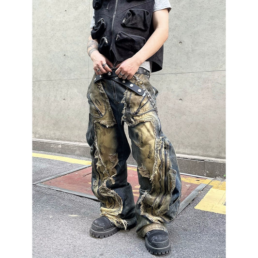 Deconstructed Stain Wide Leg Denim Jeans WN18806