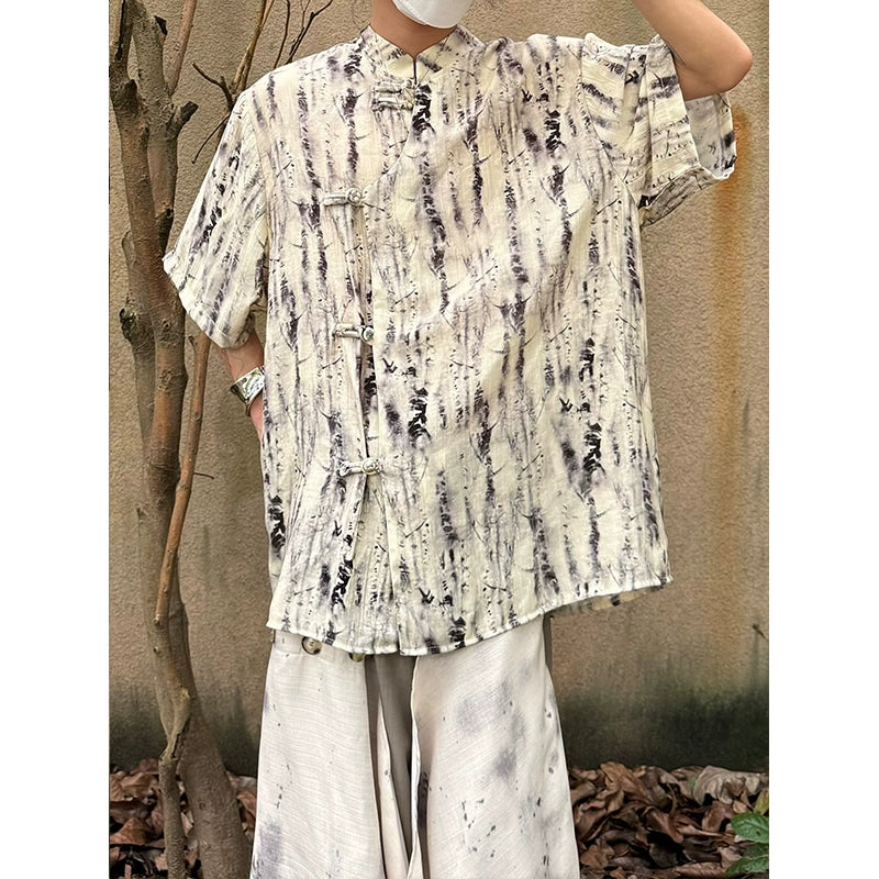 Tie-Dye Frog Button Standing-Collar Short Sleeve Shirt WN19977