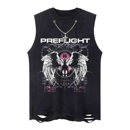 Oversize Wing Print Washed Damage Tank Top WN16500