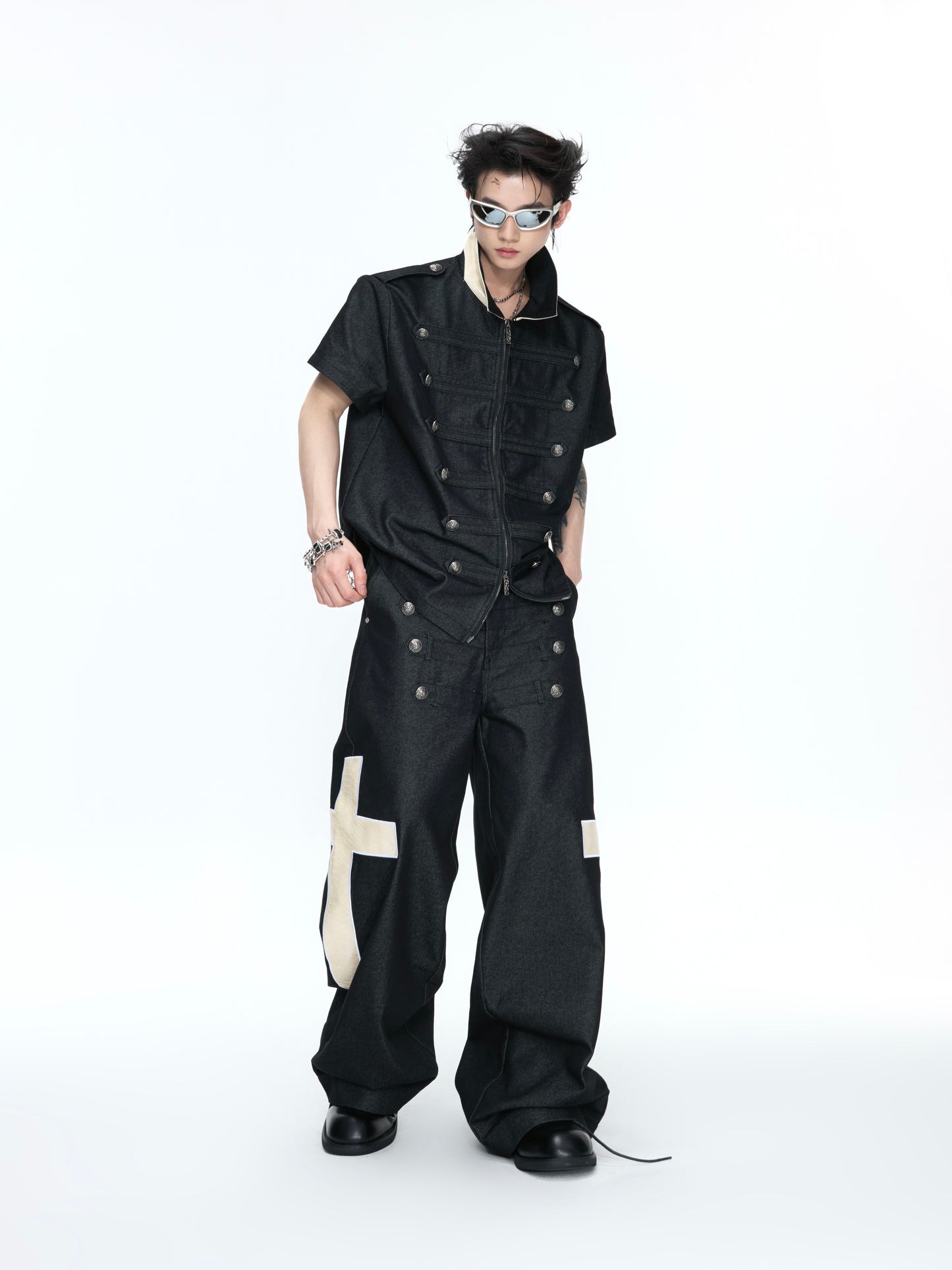 Double-Breasted Leather Collar Short Sleeve Shirt & Cross Patch Wide Leg Denim Jeans Setup WN26970