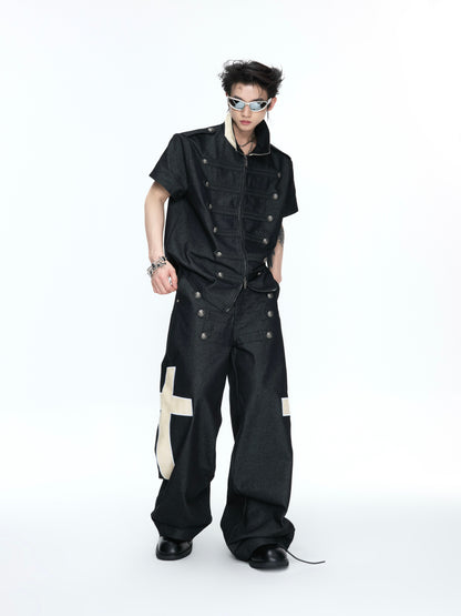 Double-Breasted Leather Collar Short Sleeve Shirt & Cross Patch Wide Leg Denim Jeans Setup WN26970