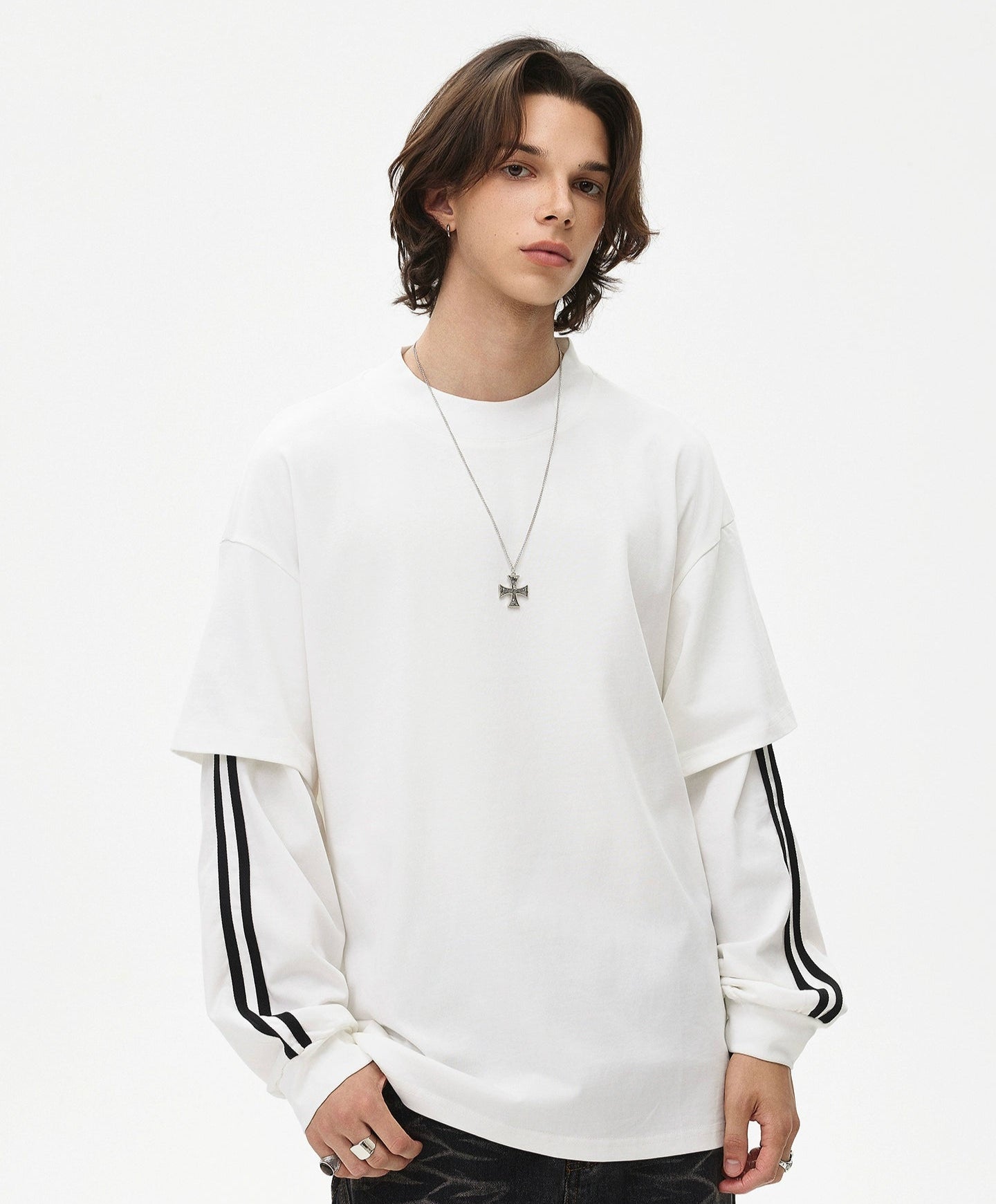 Stripe Fake Layered Oversize Long Sleeve T-Shirt WN21443