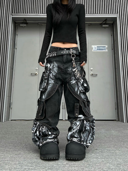 Deconstructed Layered Dirty Wash Wide Leg Cargo Denim Jeans WN24203