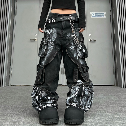 Deconstructed Layered Dirty Wash Wide Leg Cargo Denim Jeans WN24203