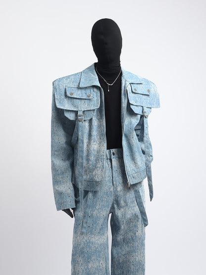 Washed Texture Short Jacket & Washed Texture Wide Leg Pants Setup WN23718