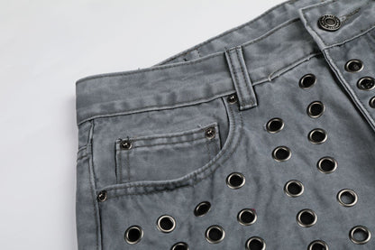 Washed Eyelet Wide Leg Denim Jeans WN25959