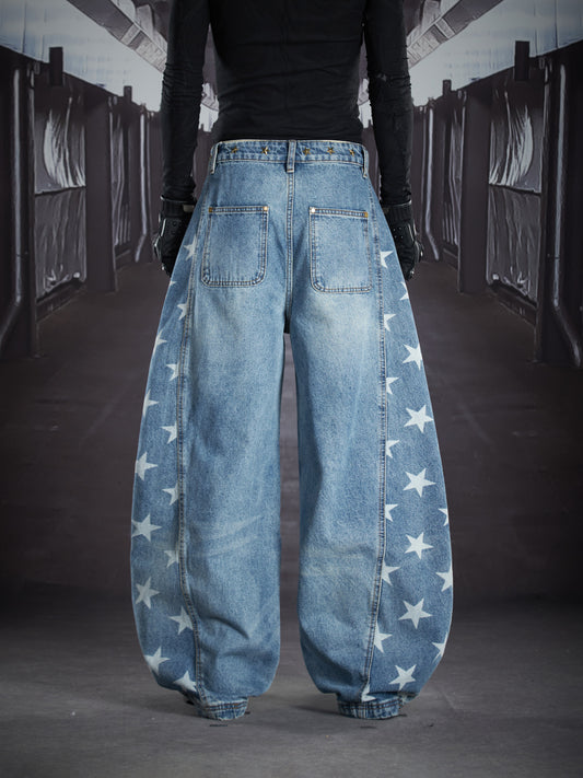 Star Print Washed Damage Wide Leg Barrel Denim Jeans WN22917