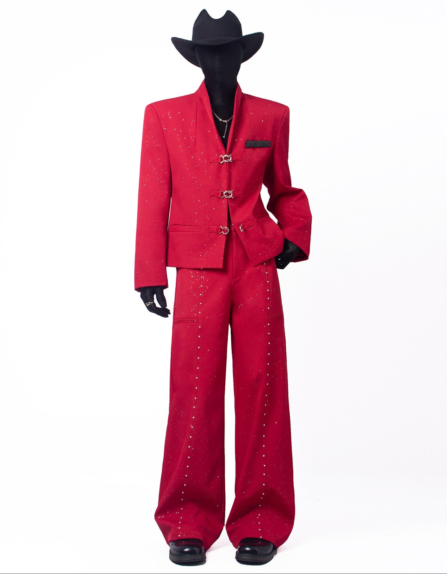Studs Decor Buckle Short Jacket & Studs Decor Flare Trousers Setup WN23667
