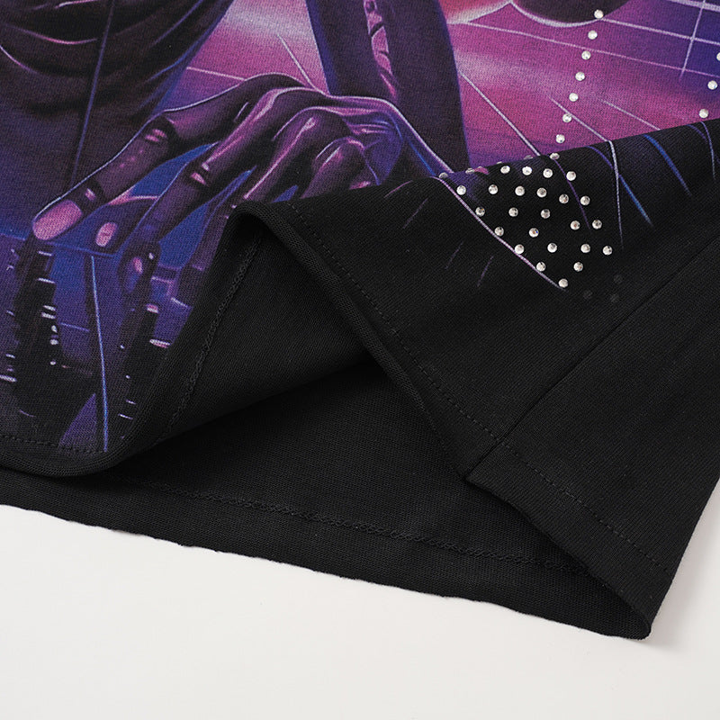 Planet Graphic Rhinestone Letter Short Sleeve T-Shirt WN28109