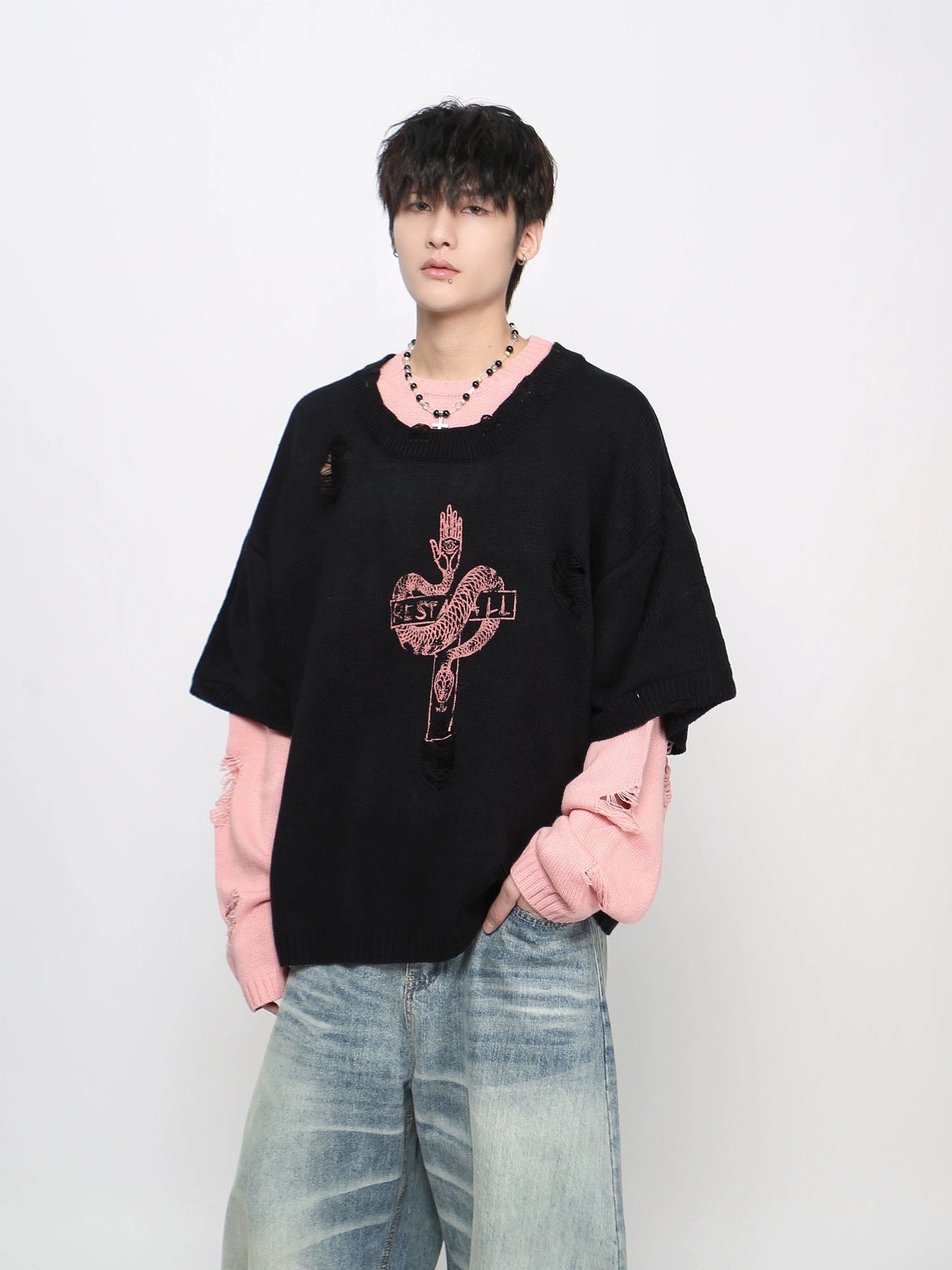 Damage Hole Fake Layered Knit Sweater WN21043