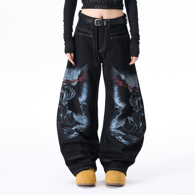Graphic Print Wide Leg Denim Jeans WN28099