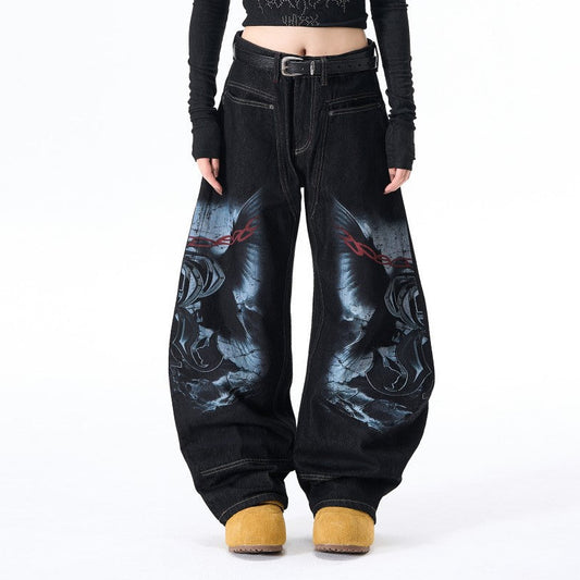 Graphic Print Wide Leg Denim Jeans WN28099