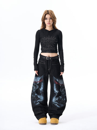 Graphic Print Wide Leg Denim Jeans WN28099
