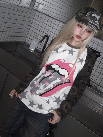 Raglan Camo Star Lip Graphic Print Long Sleeve T-Shirt & Short Sleeve Shirt WN27192