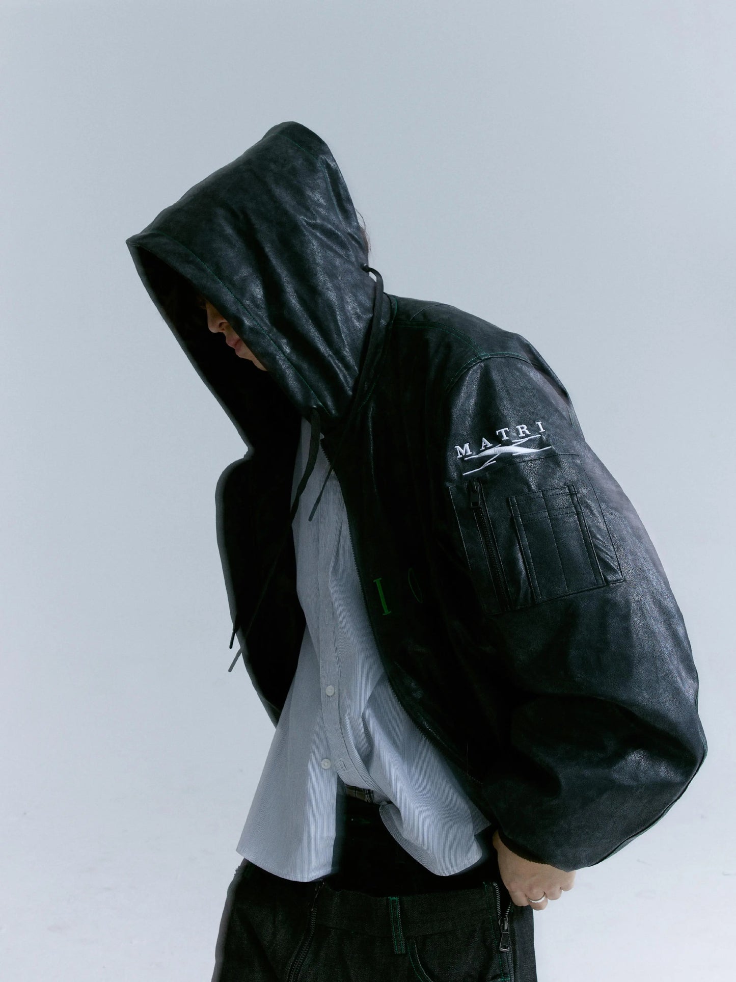 Cracked PU Leather Oversize Hooded Puffer Jacket WN17212