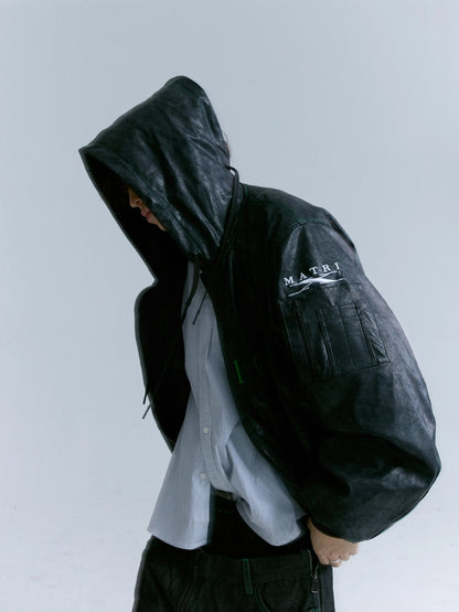 Cracked PU Leather Oversize Hooded Puffer Jacket WN17212