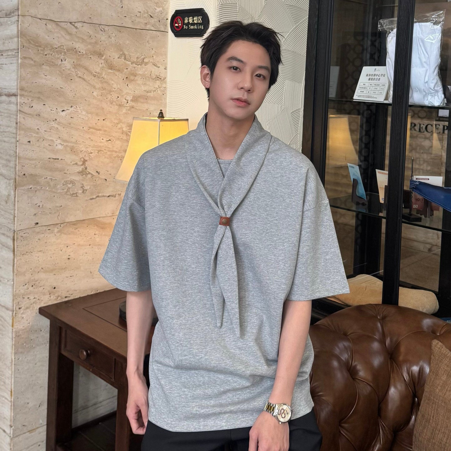 Scarf-Collar Design Short Sleeve T-Shirt WN25226