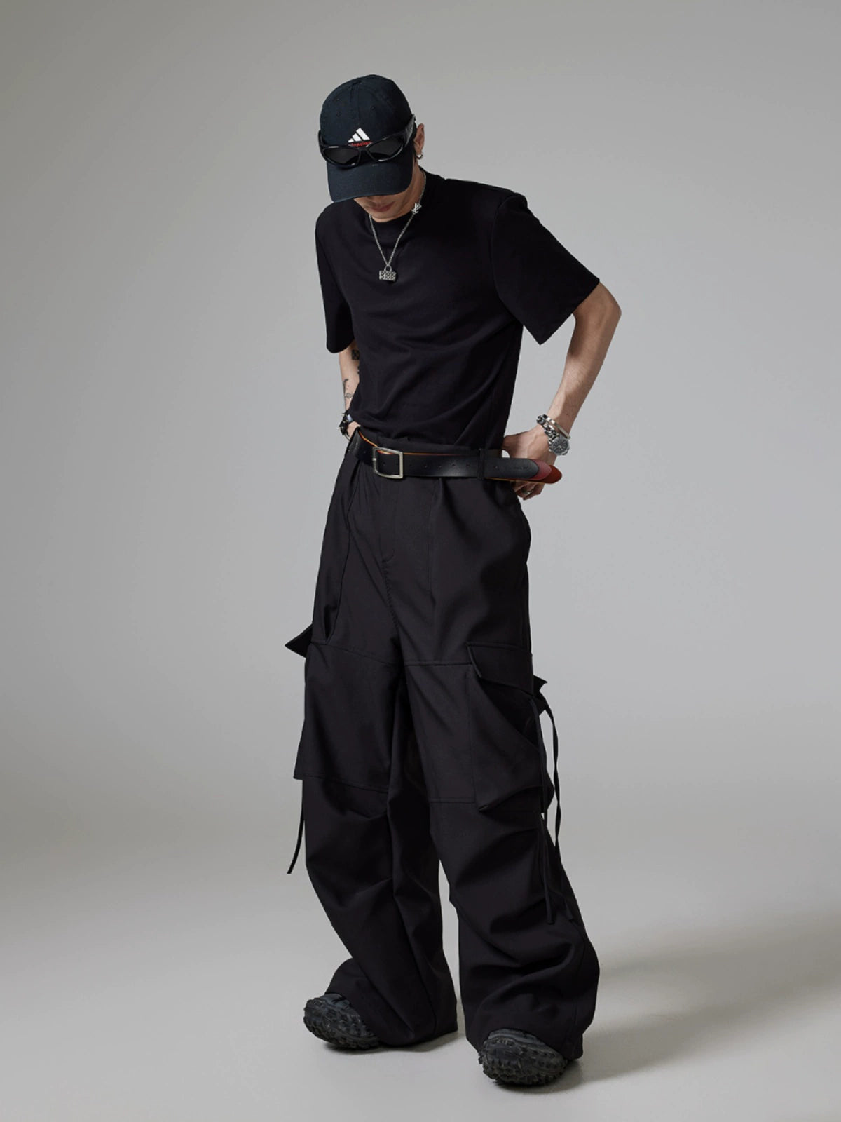 Drawstring Ruched Draped Multi-Pocket Wide-Leg Cargo Pants WN13352