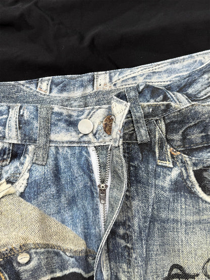 3D Graffiti Print Washed Wide Leg Denim Jeans WN18595