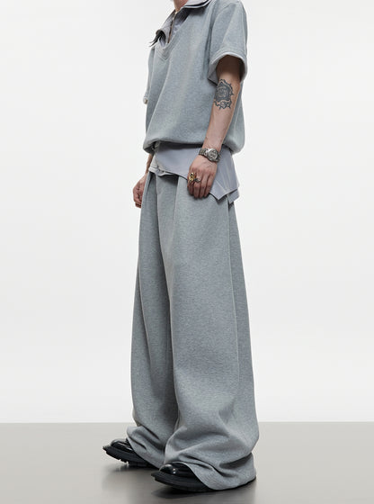 Glossy Double Collar Fake Layered Short Sleeve T-Shirt & Wide Leg Pants Setup WN18371