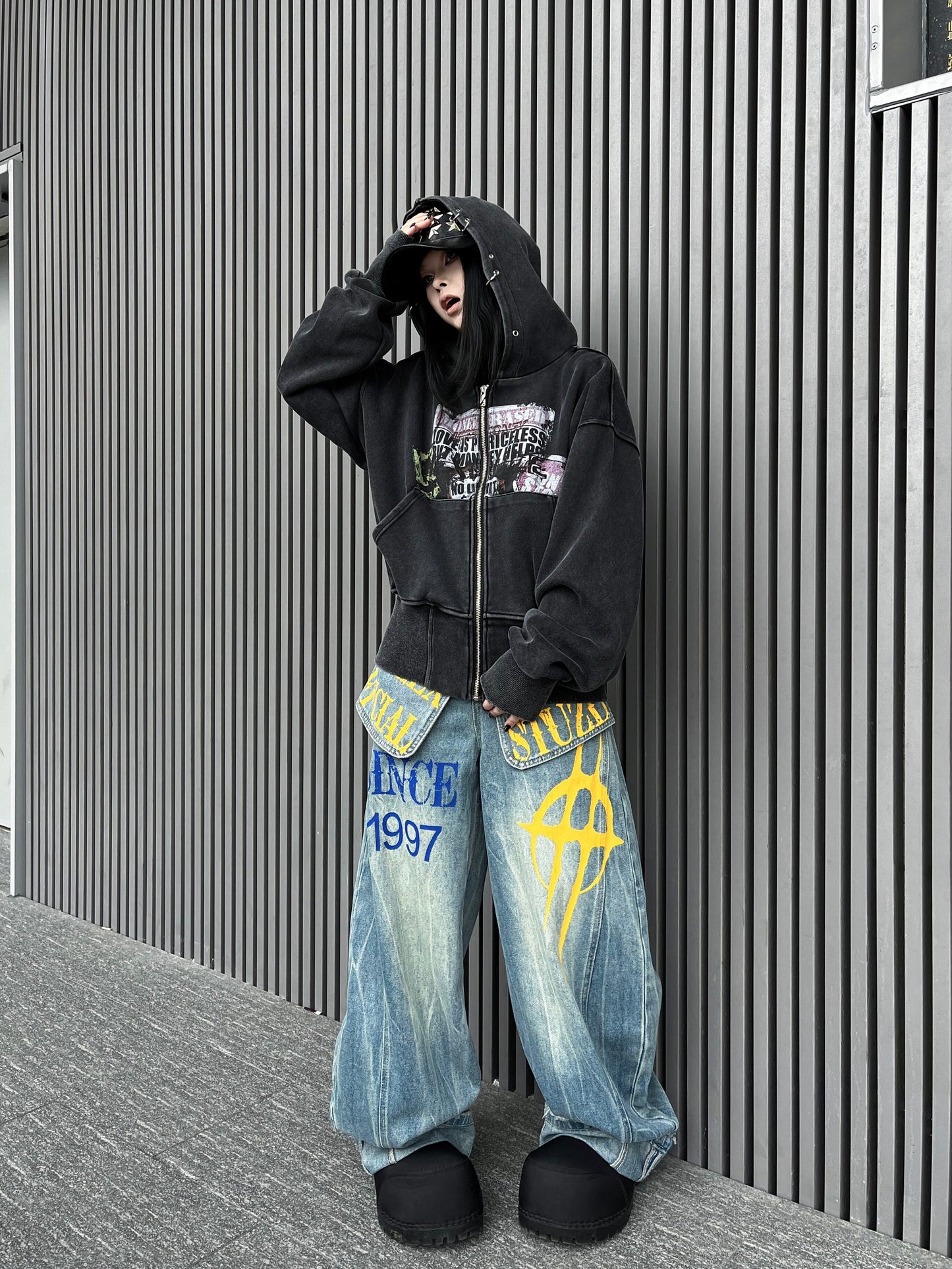 Fake Layered Panel Print Wide Leg Denim Jeans WN24231