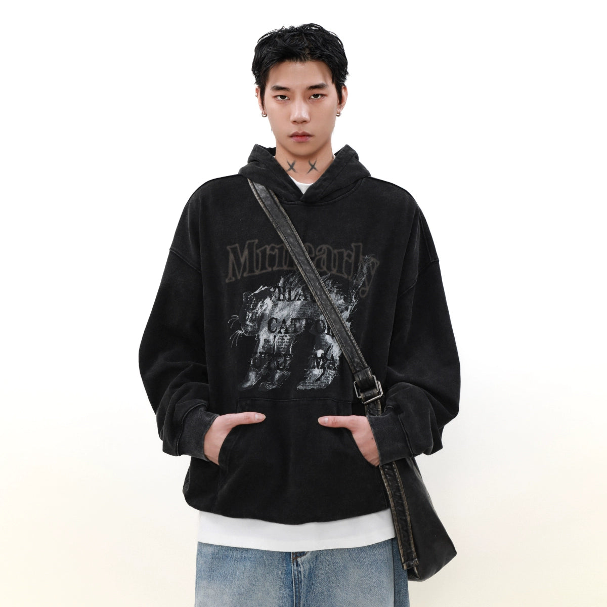 Cat Print Heavyweight Pullover Hoodie WN8344