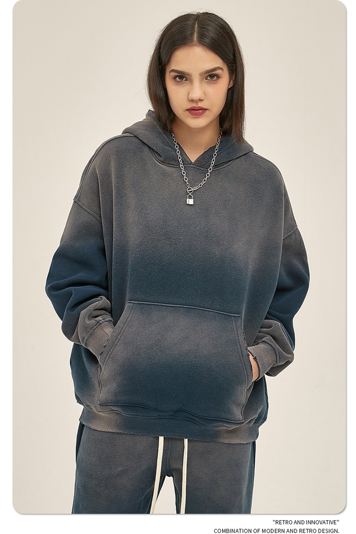 Fleece Lining Spray-dye Damage Oversize Hoodie & Fleece Lining Sweatpants WN9969