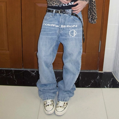 Washed Wide Leg Logo Print Denim Jeans WN27165