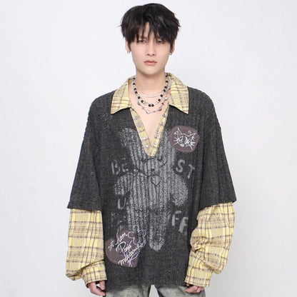 Fake Layered Plaid Sleeve Graphic Print Long Sleeve T-Shirt WN24484