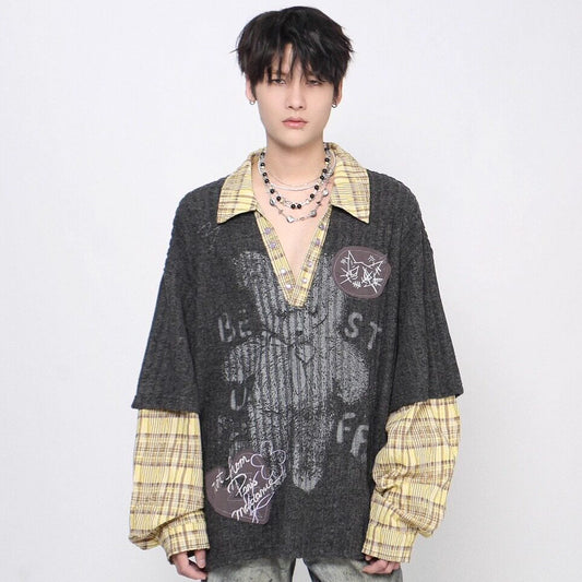 Fake Layered Plaid Sleeve Graphic Print Long Sleeve T-Shirt WN24484