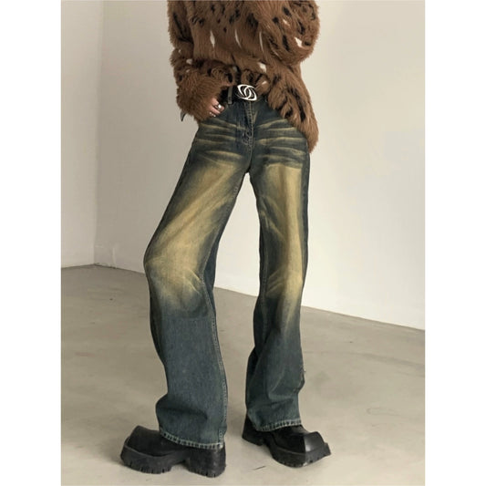 Washed Yellow Mud Straight Denim Jeans WN5944
