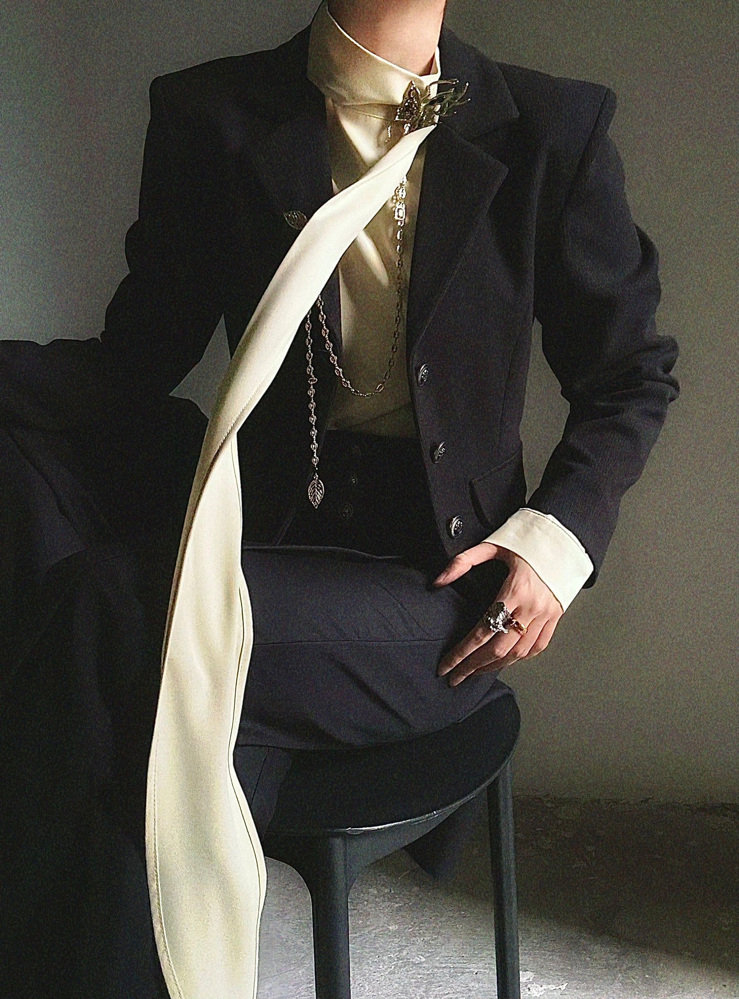 Standing-Collar Tie Drape Long Sleeve Shirt WN23136