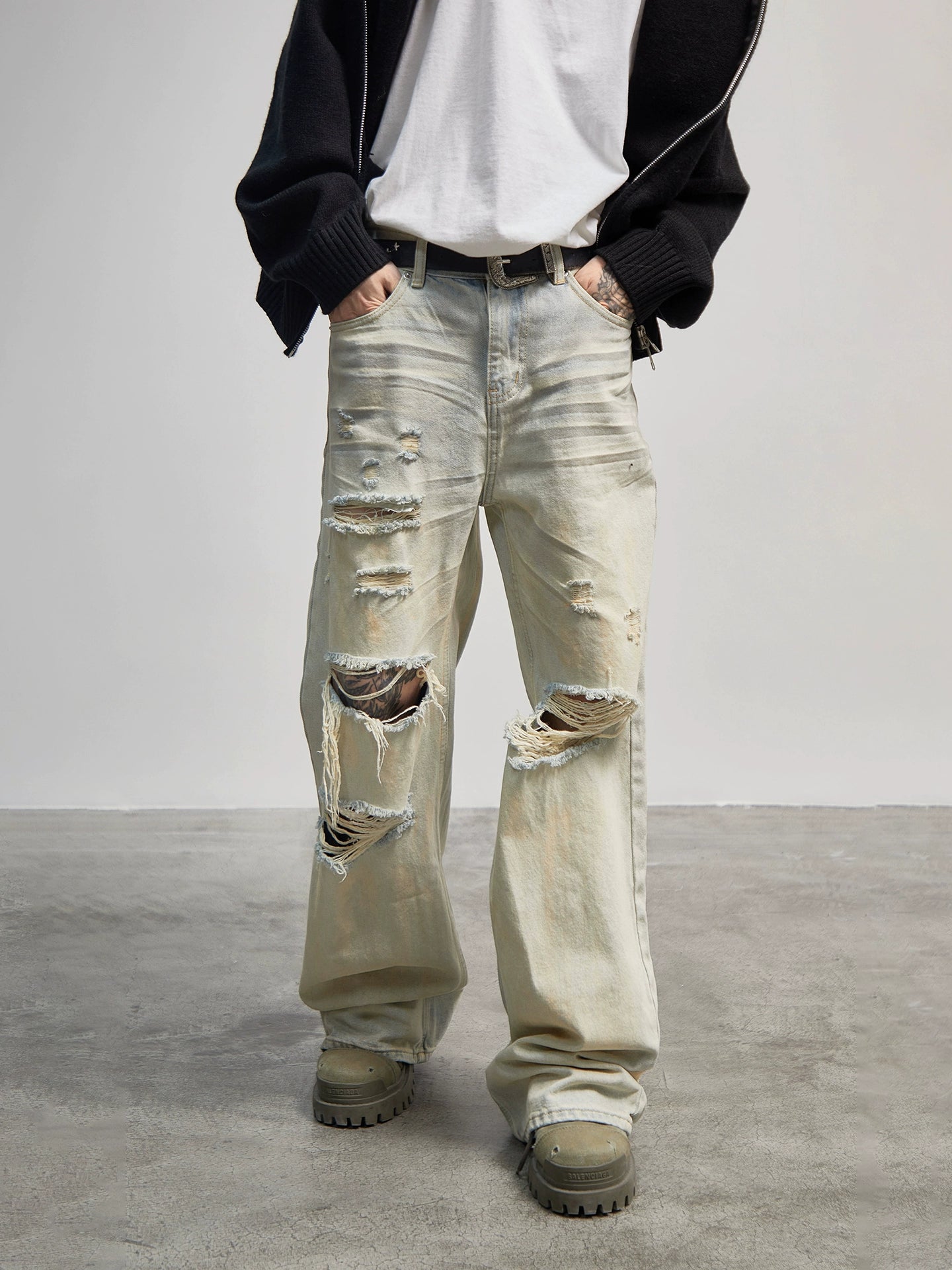 Hole Damage Pleats Straight Wide Leg Denim Jeans WN21175