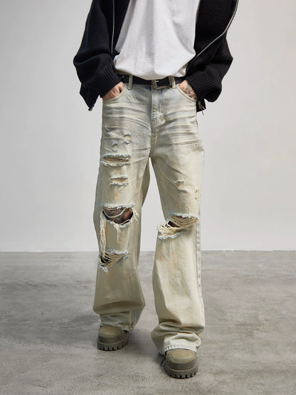 Hole Damage Pleats Straight Wide Leg Denim Jeans WN21175